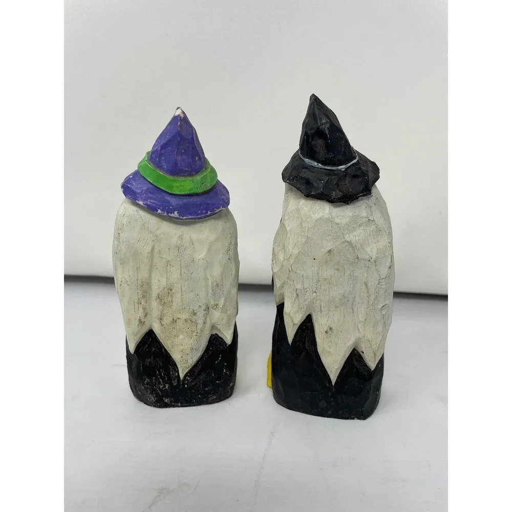 Hermitage pottery Halloween Decor Witch Figurines w/‎ Frog Cat Broom - Set of 2